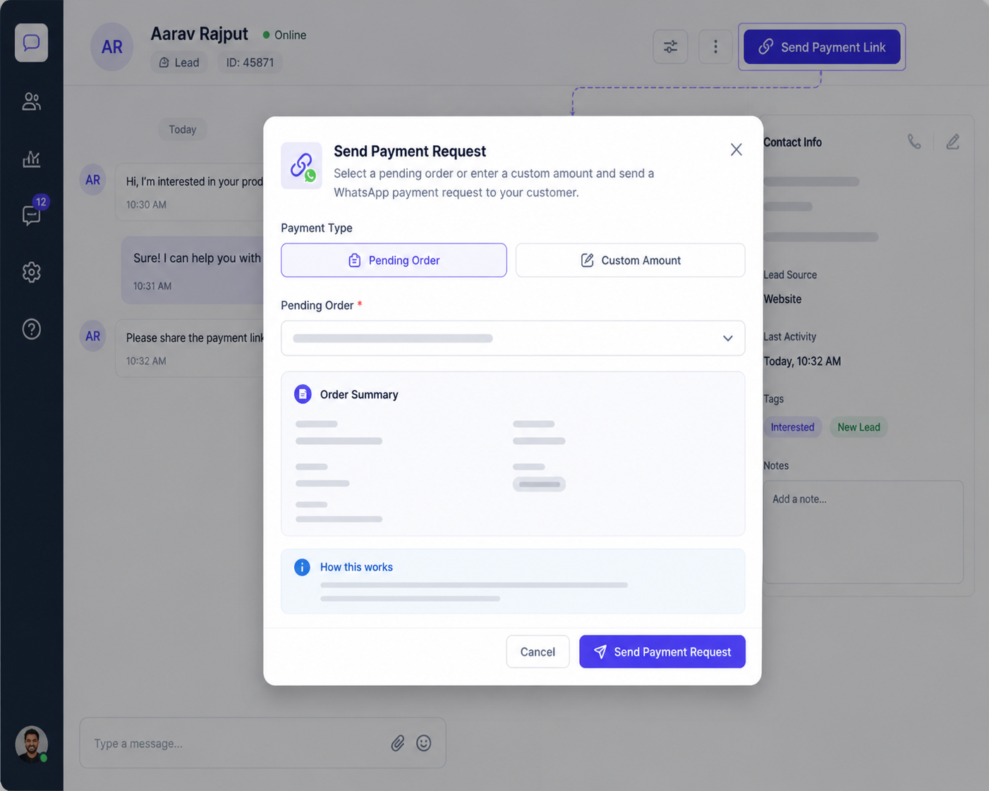 WhatsApp Payment Link Mockup showing a payment link with company logo, payment amount, and expiration timer inside a WhatsApp conversation
